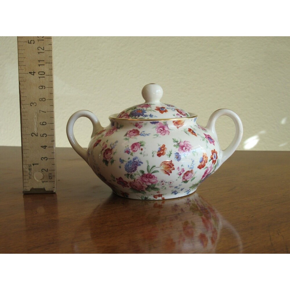 Erphila Dorset Cheery Chintz Sugar Bowl +Lid Vintage China Double Handle Germany
